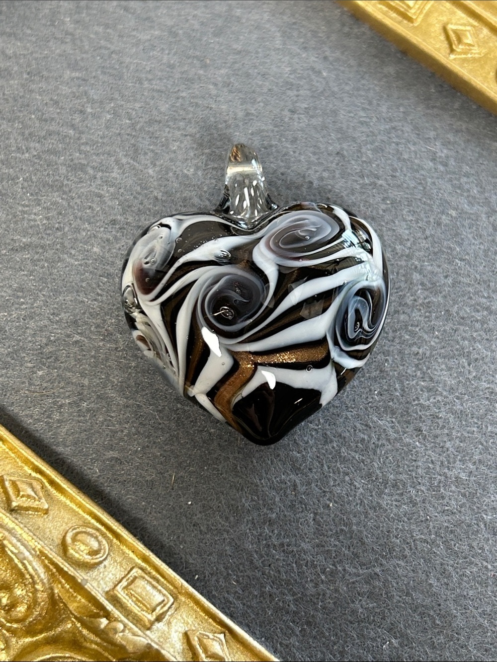 Murano Black, Copper and White Swirl Heart Pendant